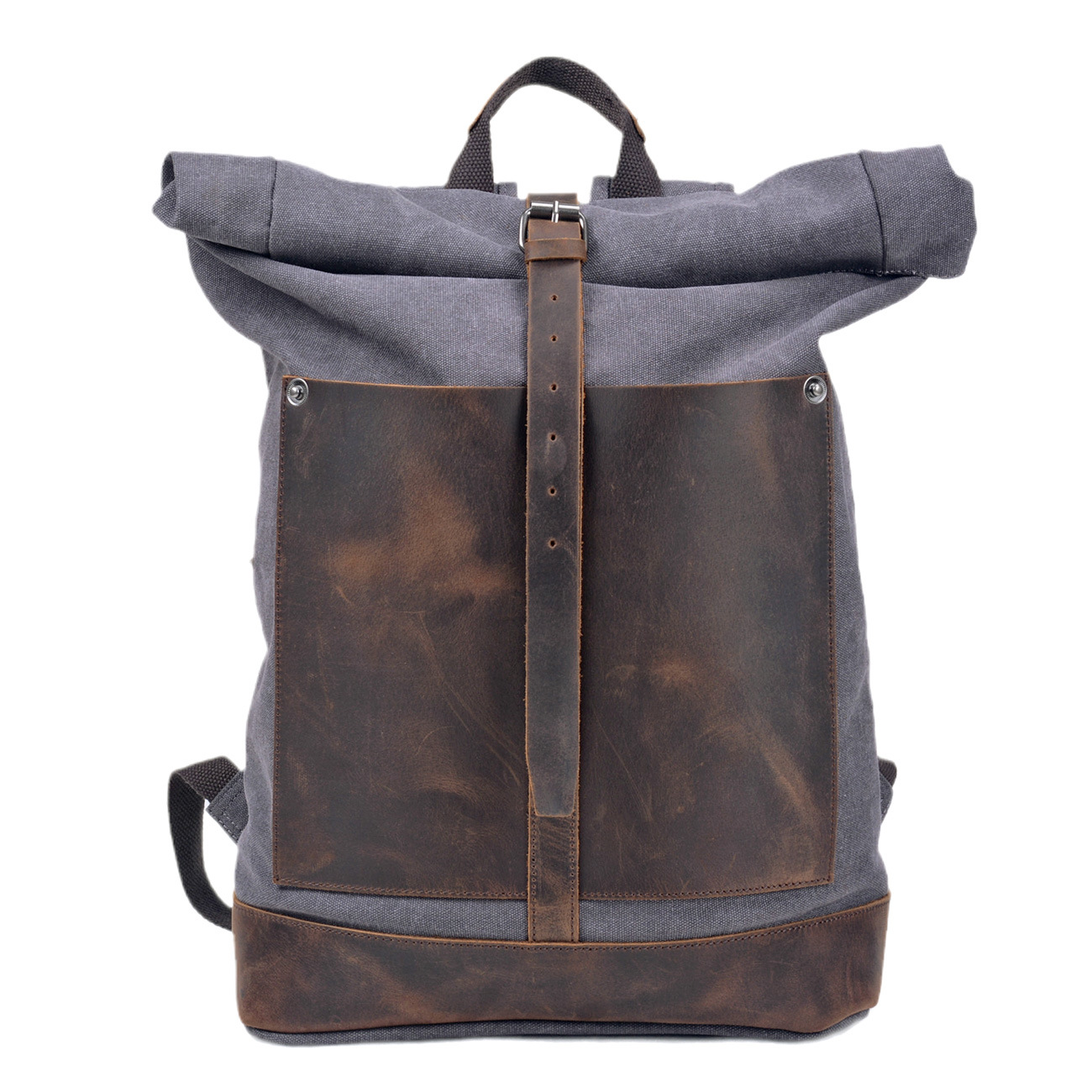 Leather Work Rucksack Mens - กระเป๋าเป้สะพายหลังผ้าแคนวาสเคลือบแว็กซ์สำหรับผู้ชาย ตกแต่งด้วยหนังแท้ สไตล์วินเทจลำลอง เหมาะสำหรับทำงาน ไปโรงเรียน และเดินทางระยะสั้น