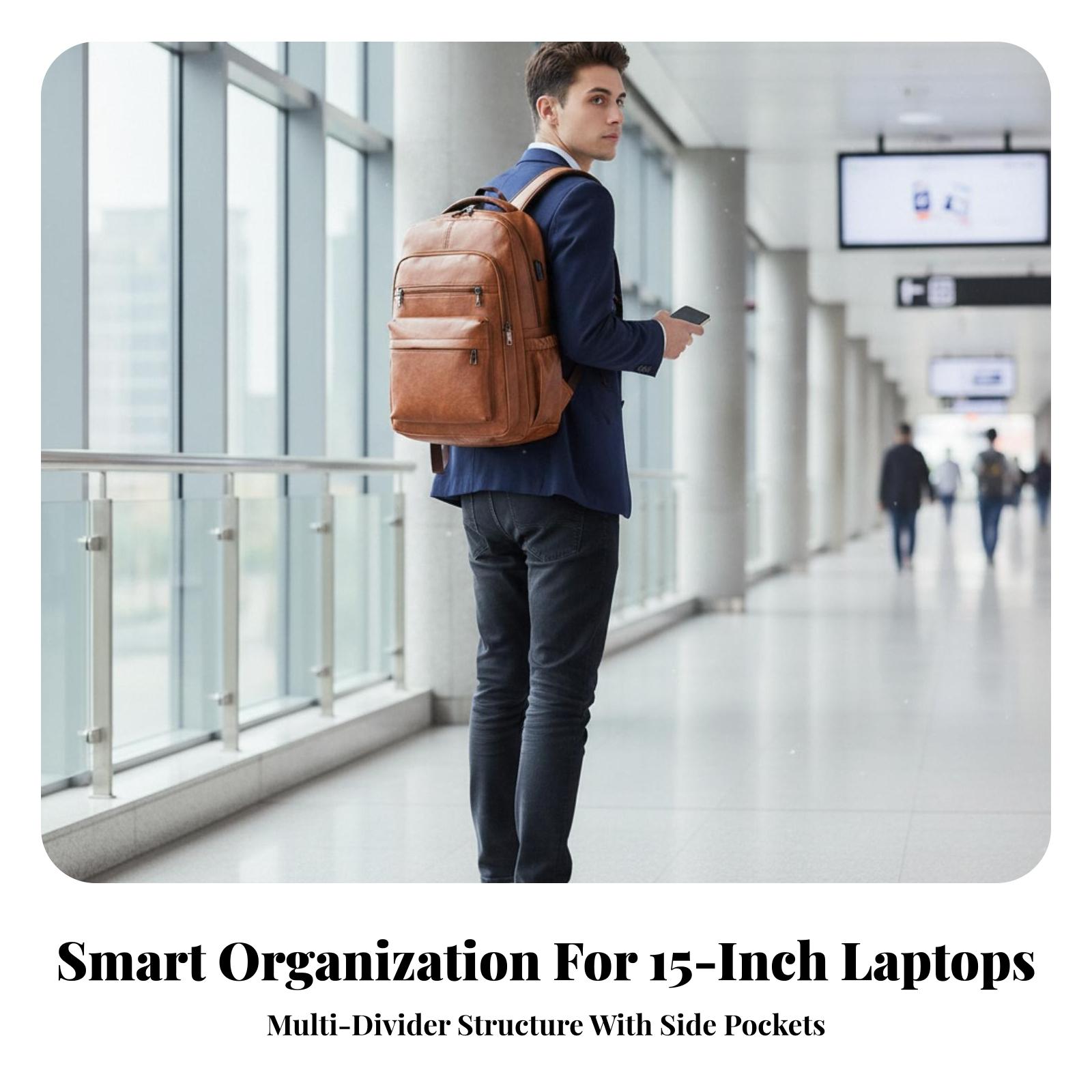 Leather Work Rucksack Mens - กระเป๋าเป้กันน้ำสำหรับผู้ชายพร้อมช่องใส่แล็ปท็อป 15 นิ้ว ทำจากหนัง PU เหมาะสำหรับปั่นจักรยานและทำงาน